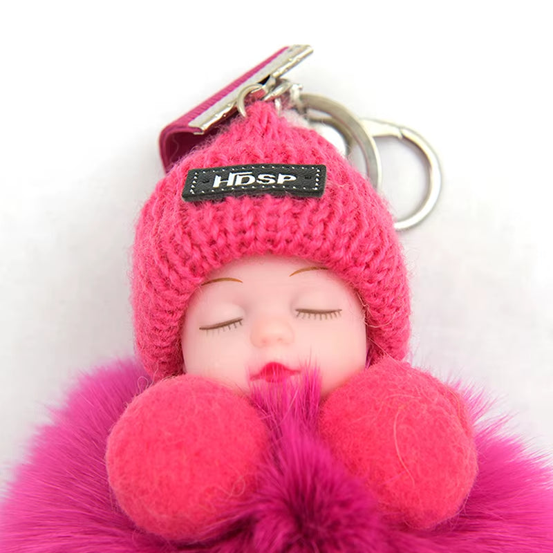 Pompom Sleeping Baby Keychain Cute Fluffy Plush Doll Keyholder Women Girl Bags Keyrings Cars Key Ring Gift Charming Decoration