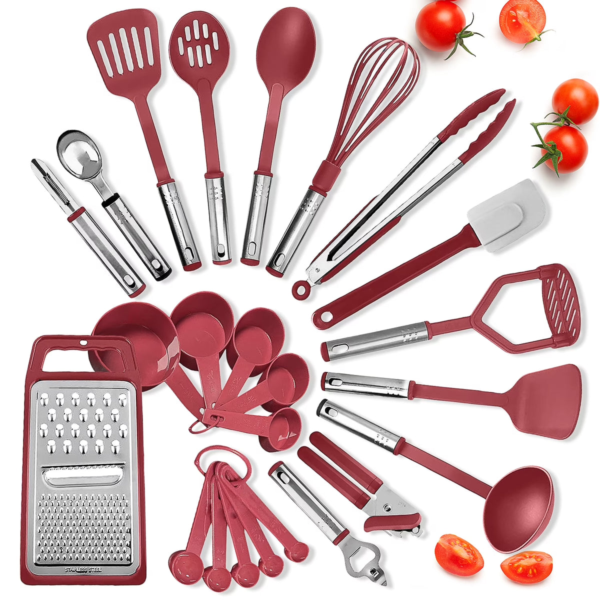 Kitchen Brown Utensil Set 24 Nylon Stainless Steel Utensil Set & Brown 15 Piece Bakeware Set