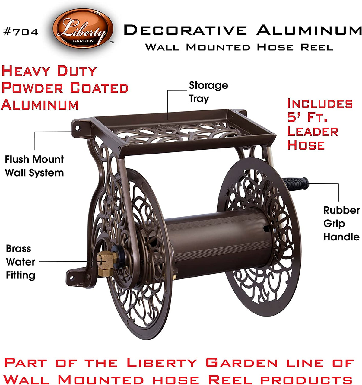 704 Decorative Cast Aluminum Wall Mount Garden Hose Reel, Holds 125-Feet of 5/8-Inch Hose - Bronze