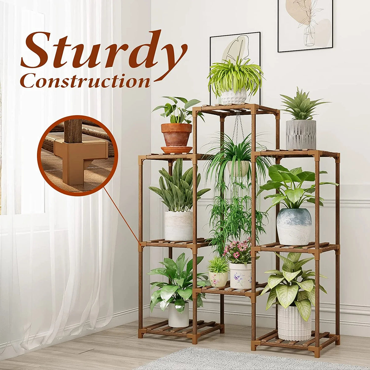 Bamworld Wood Plant Stand 8 Pots Tiered Plant Shelf Indoor Outdoor Ladder Plant Rack with Hanging Design for Living Room Patio Balcony Garden