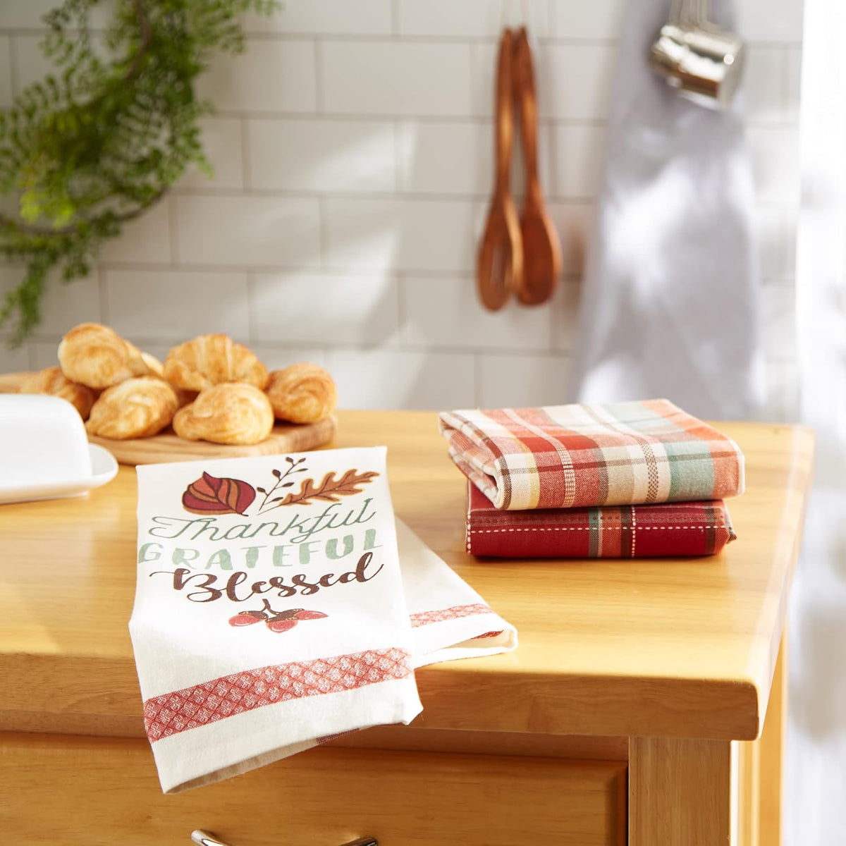 Fall Basics Kitchen Dishtowel Collection Printed & Plaid Fall Dish Towel Set, 18X28, Blessed, 3 Count