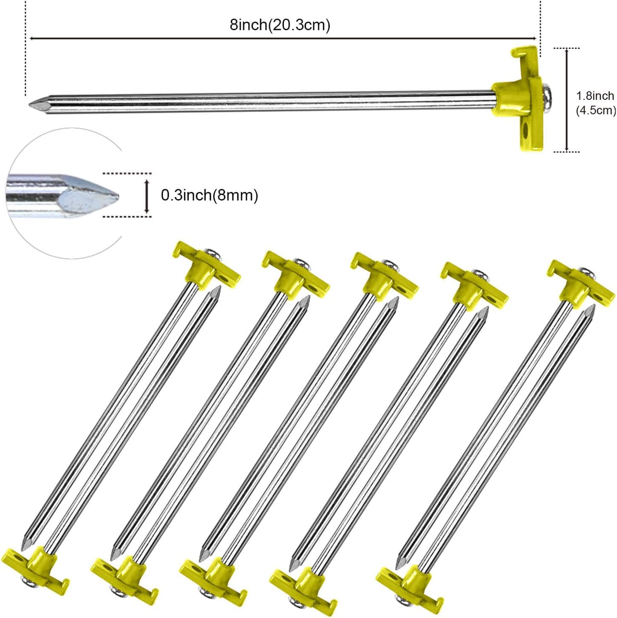 Tent Stakes 8" 10 Pcs Non-Rust Metal Ground Anchors Yellow
