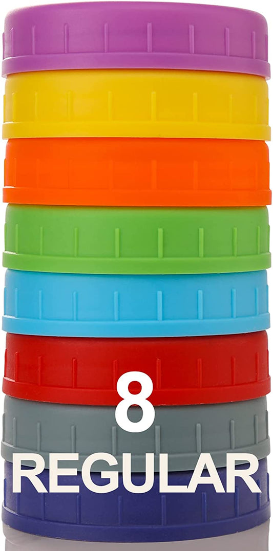8 Pack REGULAR Mouth Mason Jar Lids for Ball, Kerr and More - Colored Plastic Storage Caps for Mason/Canning Jars - Leak-Proof, Dishwasher Safe & Food Grade