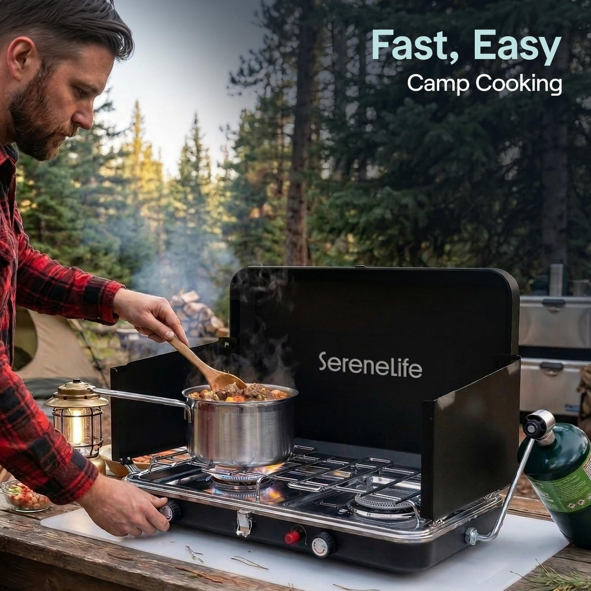 Camping Stove 2 Burner Propane Portable Camp Stove 24,400 BTU with Wind Guards Adjustable Burners Push Button Ignition Compact Outdoor Cooking for Camping Tailgating and Backyard