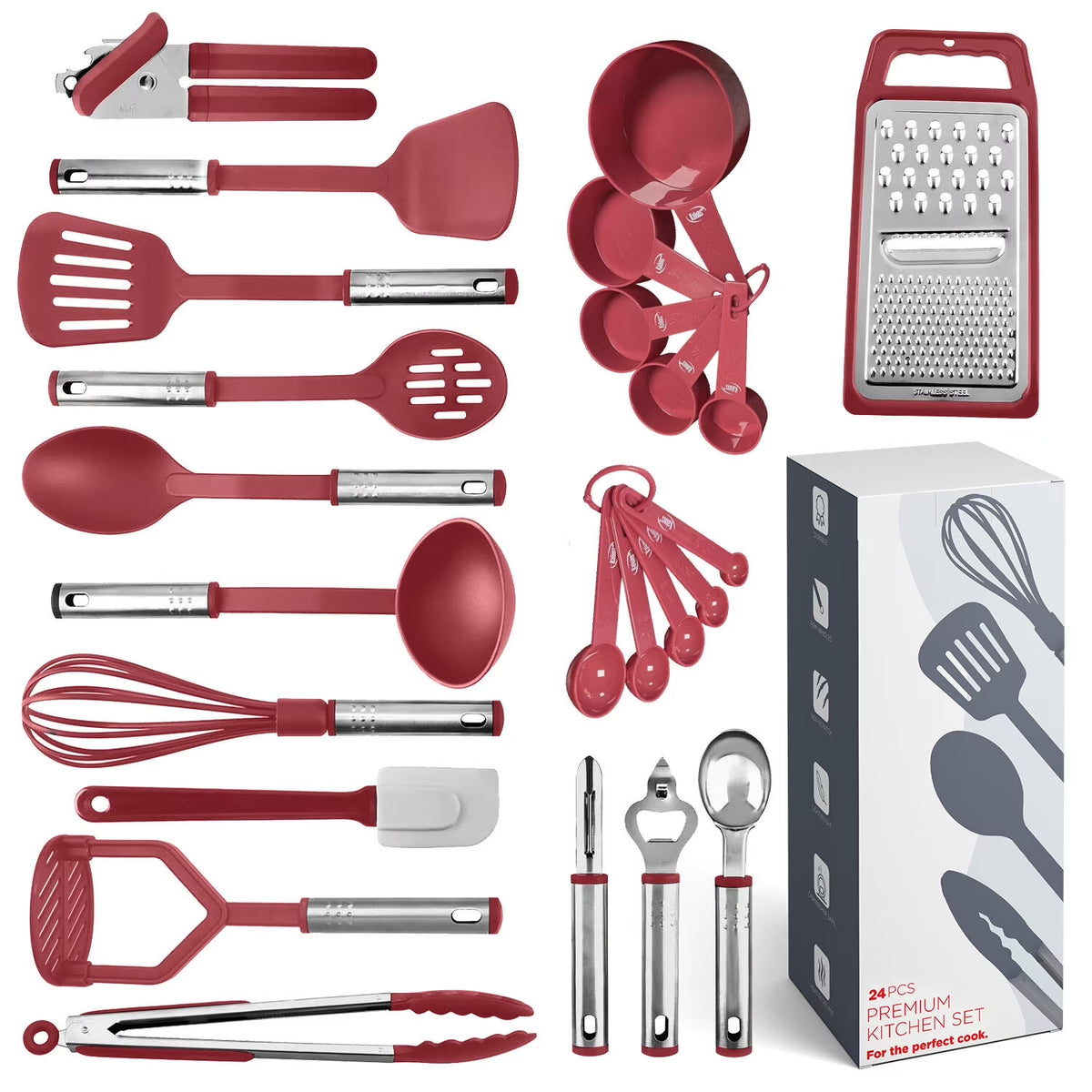 Kitchen Brown Utensil Set 24 Nylon Stainless Steel Utensil Set & Brown 15 Piece Bakeware Set