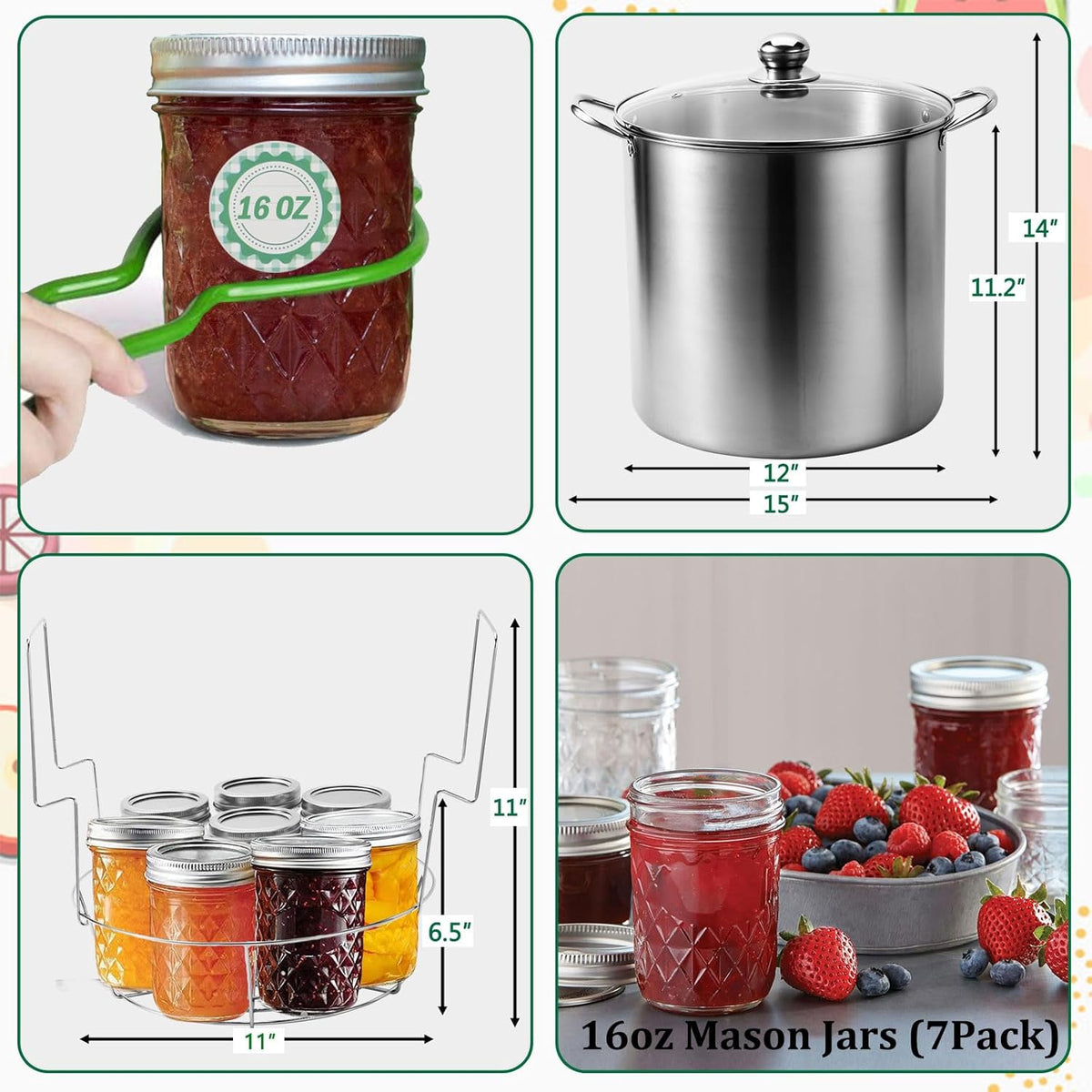 Canning Pot Water Bath Canner with Rack and Mason Jars, 20 Quart Stainless Steel Stock Pots, Canning Supplies Starter Kit Beginners Tools Set, Jar Lifter Tongs and Pickling Kit Accessories