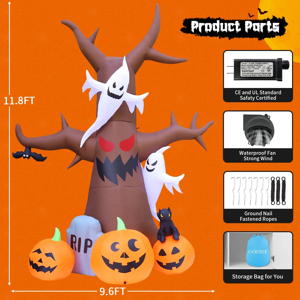 GOOSH Halloween Inflatable 11.8 FT Inflatable Halloween Tree, Halloween Inflatable Tree Scary Halloween Blow up Tree with LED Lights, Outdoor Halloween Decorations Clearance for Halloween/Holiday