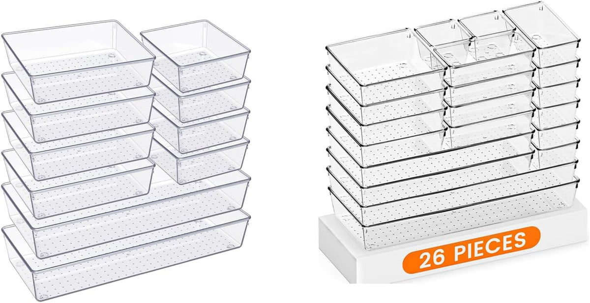 Drawer Organizer, 36 Pack Large Clear Plastic Drawer Organizers Set, 3 Size Versatile Bathroom and Vanity Drawer Organizer Trays, Storage Bins for Makeup, Bedroom, Kitchen Gadgets Utensils