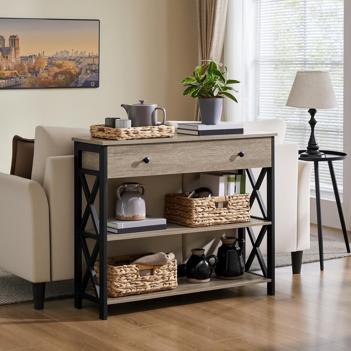 Yaheetech Console Table with Drawer, Entry Table with 3 Tier Storage, Gray
