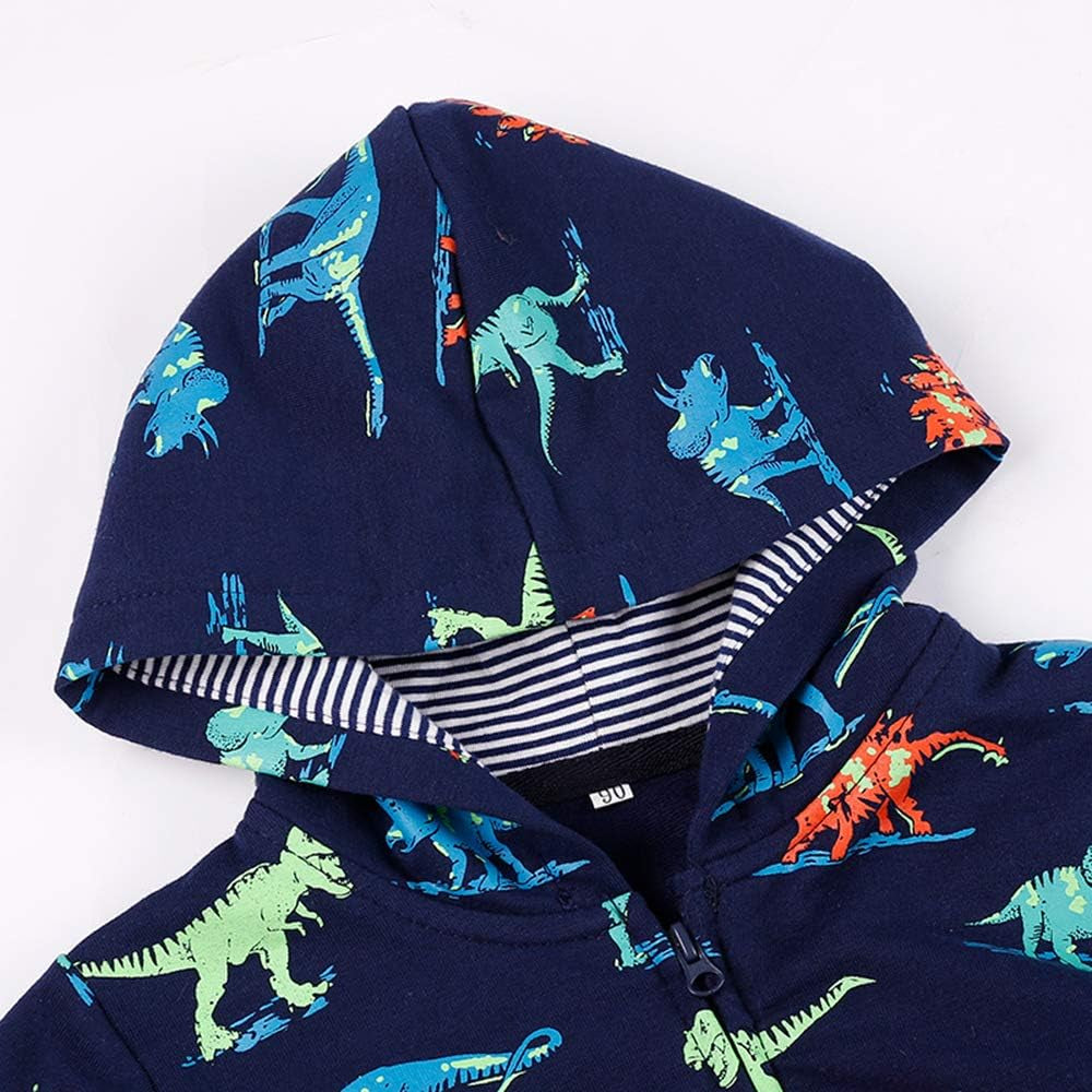 Boys Toddler Cartoon Dinosaur Hoodies Jacket Cool Long Sleeve Zipper Hooded Sport Sweatshirt Coat for Kids 1-7 Years