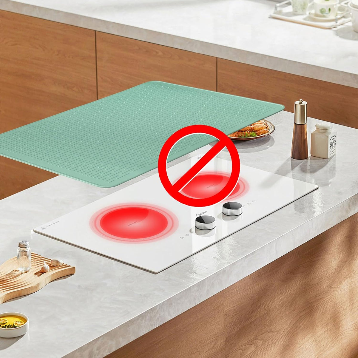 Stove Top Cover for Electric Stove - Food Grade Ceramic Stove Top Cover, Silicone XXL Dish Drying Mat, Glass Cooktop Covers, Flat RV Range Top Mats (Green,28X20)