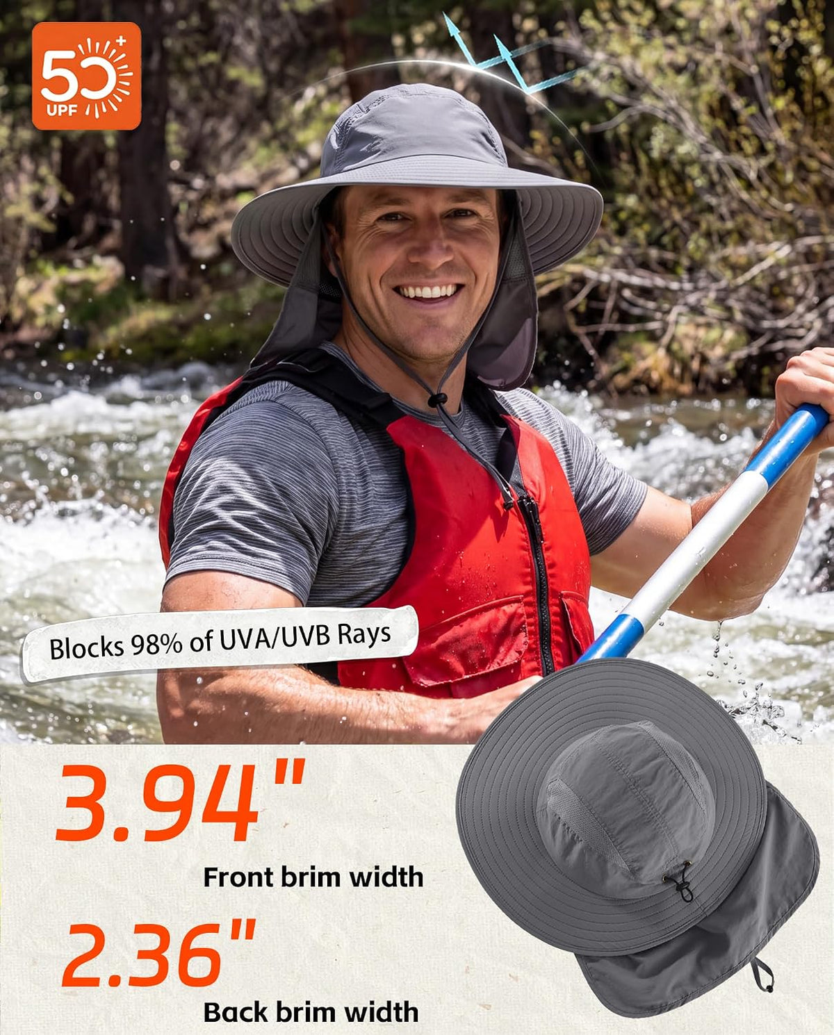 UPF 50+ Sun Hat with Neck Flap Wide Brim Fishing Hat for Men