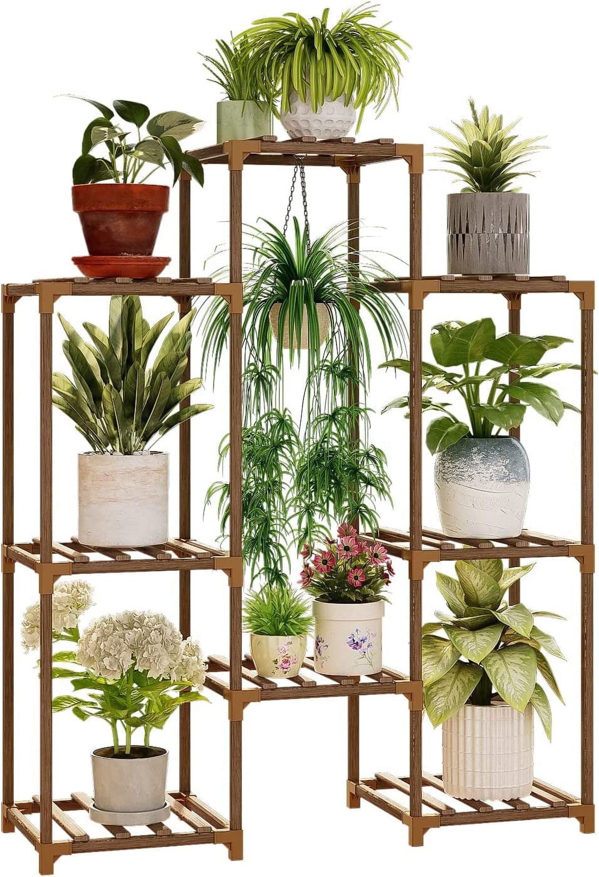 Bamworld Wood Plant Stand 8 Pots Tiered Plant Shelf Indoor Outdoor Ladder Plant Rack with Hanging Design for Living Room Patio Balcony Garden
