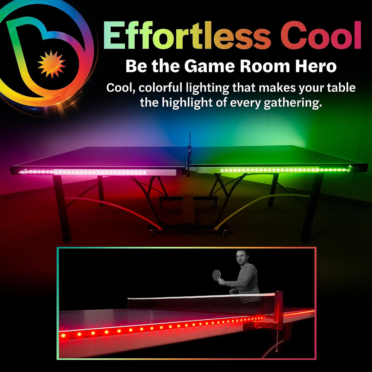 LED Ping Pong Table Light - Electrify Your Gameplay Experience! 12-Foot Light Strip for Ping Pong Tables - Color Changing or Solid Color Modes (Table Not Included)