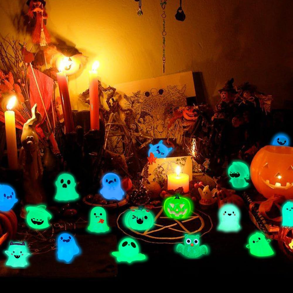 32PCS Halloween Luminous Mini Figures - 32 Styles Glow in the Dark Tiny Resin Miniatures - Pumpkin Skull for Party Favors, Bag Fillers, Garden, Dollhouse Decor
