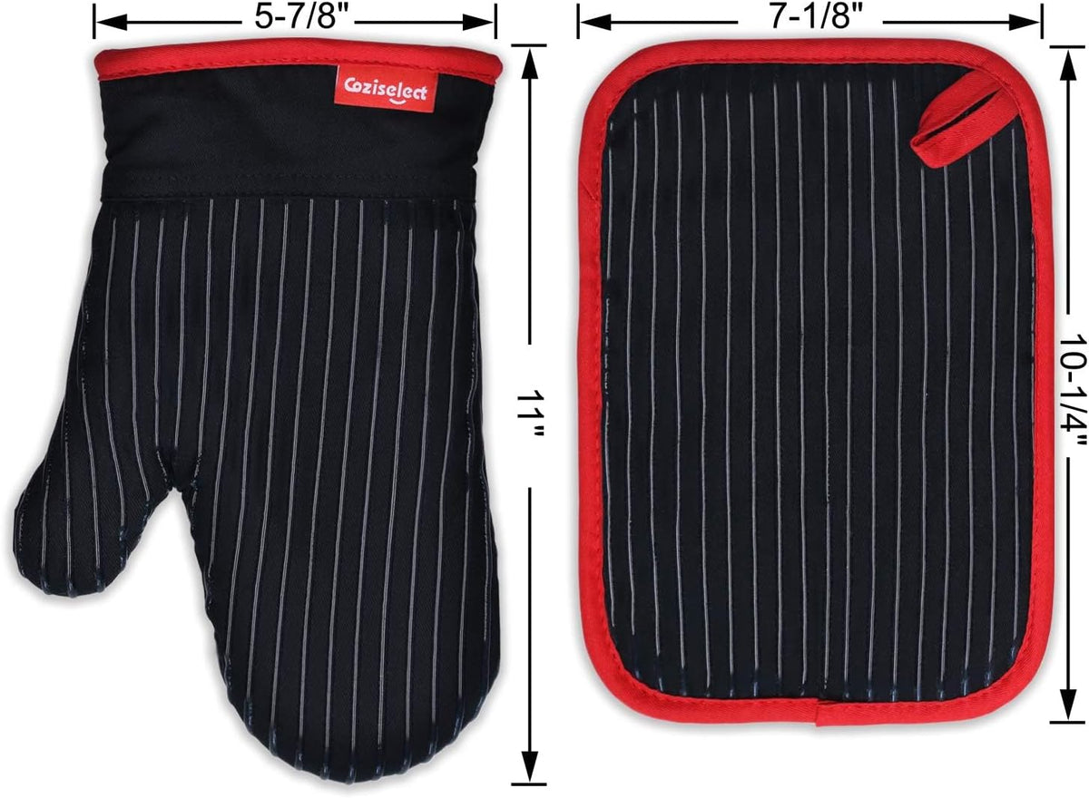 Oven Mitts and Pot Holders Set, Cooking Mitts, Heat Resistant Cooking Mitts and Pot Holders, Silicon Oven Gloves Set for Kitchen, Pure Cotton and Terrycloth Lining, Black, 4 Pcs Set