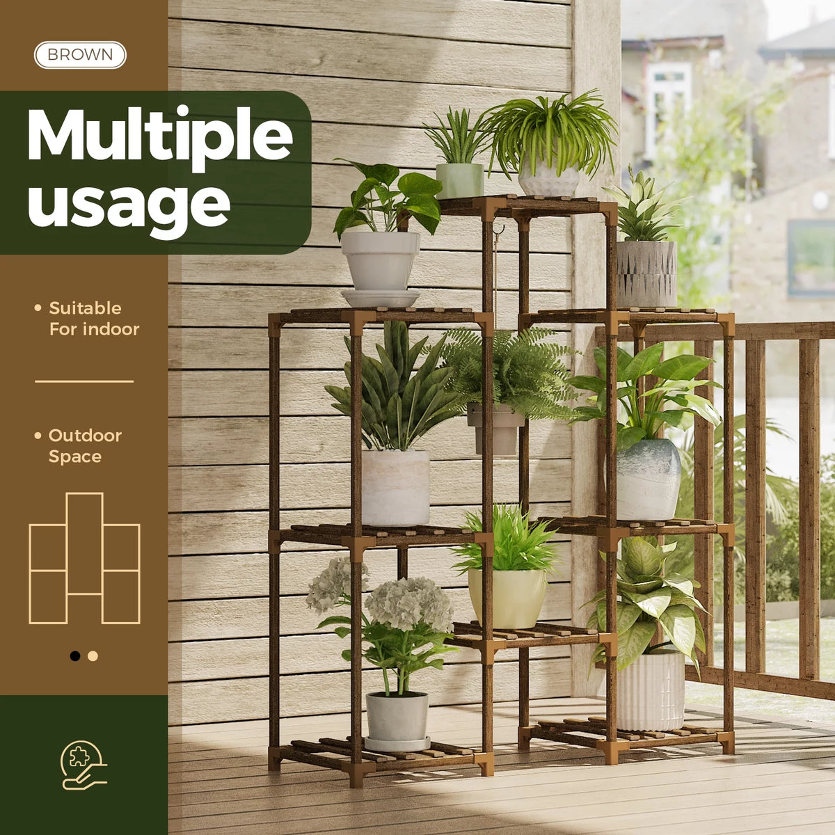 Bamworld Wood Plant Stand 8 Pots Tiered Plant Shelf Indoor Outdoor Ladder Plant Rack with Hanging Design for Living Room Patio Balcony Garden
