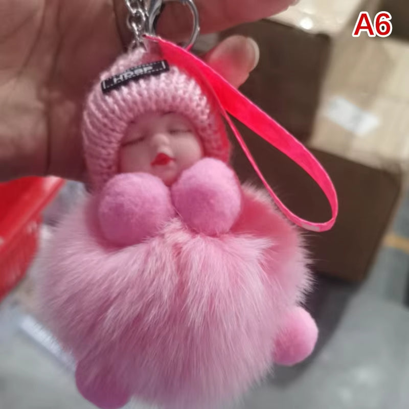 Pompom Sleeping Baby Keychain Cute Fluffy Plush Doll Keyholder Women Girl Bags Keyrings Cars Key Ring Gift Charming Decoration