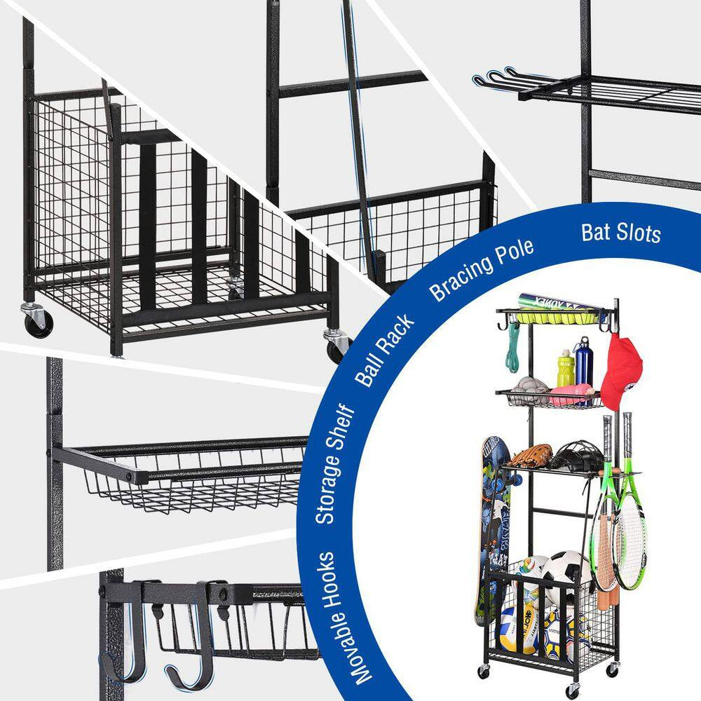 4-Tier Rolling Sports Storage Rack Sports Equipment Organizer