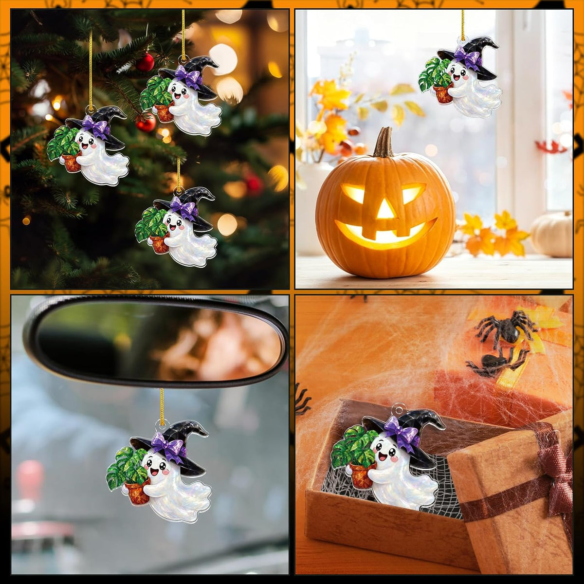 Halloween Ghost Ornament for Tree Decorations - Spooky Cute Ghost Holding Monstera with Witch Hat, Gothic Fall Decor Gifts for Plant Lovers Women, Faux Stained Glass Acrylic Window Suncatcher