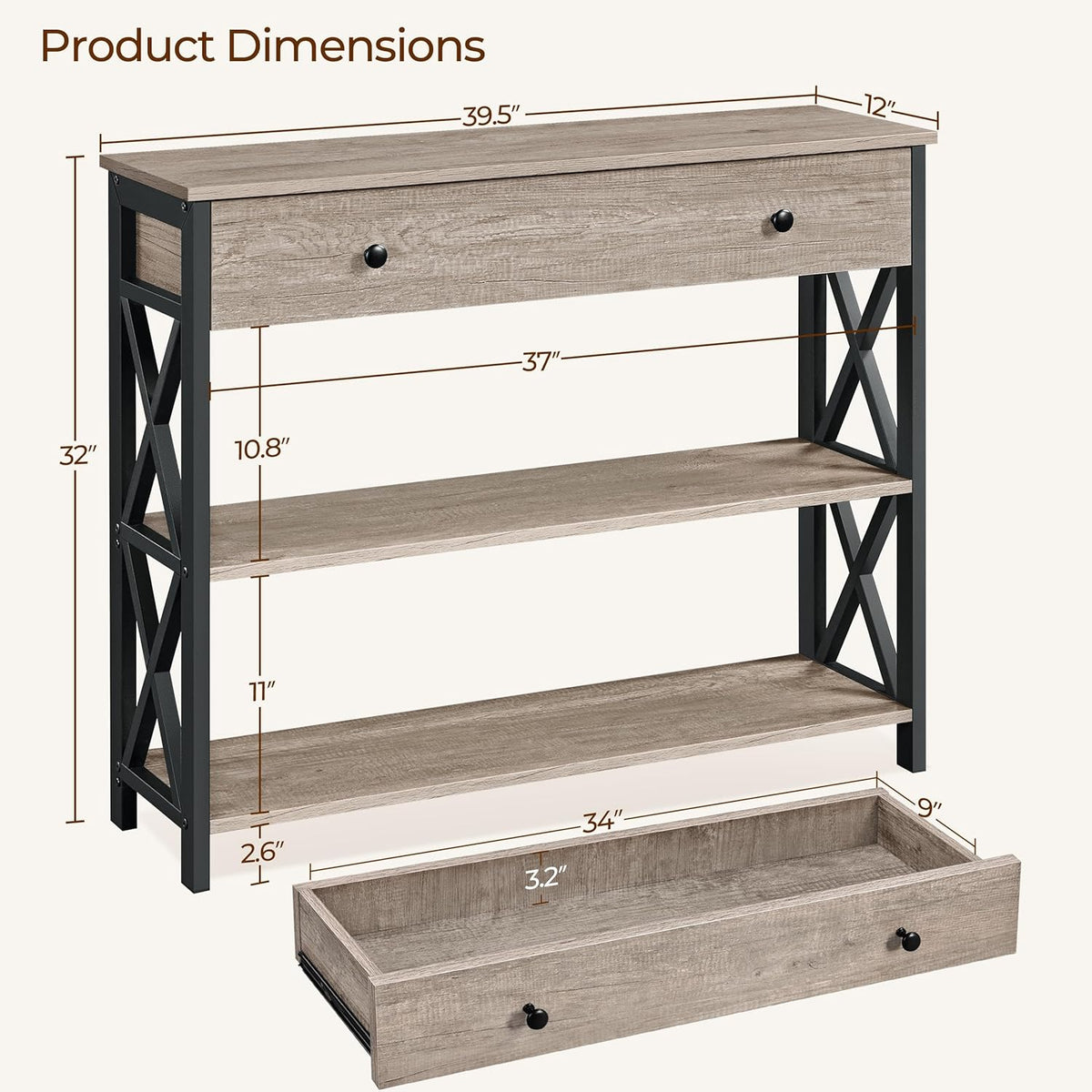Yaheetech Console Table with Drawer, Entry Table with 3 Tier Storage, Gray