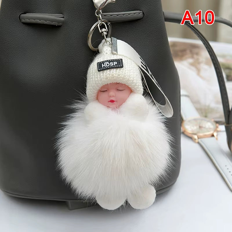 Pompom Sleeping Baby Keychain Cute Fluffy Plush Doll Keyholder Women Girl Bags Keyrings Cars Key Ring Gift Charming Decoration