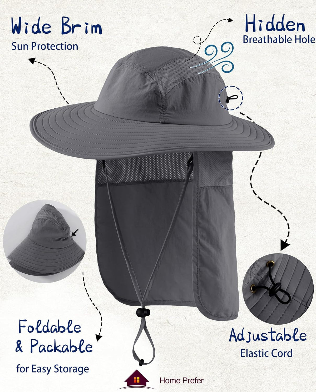 UPF 50+ Sun Hat with Neck Flap Wide Brim Fishing Hat for Men