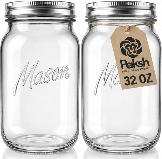 Wide Mouth Mason Jars 32 Oz, Mason Jars with Lids, 2-Pack