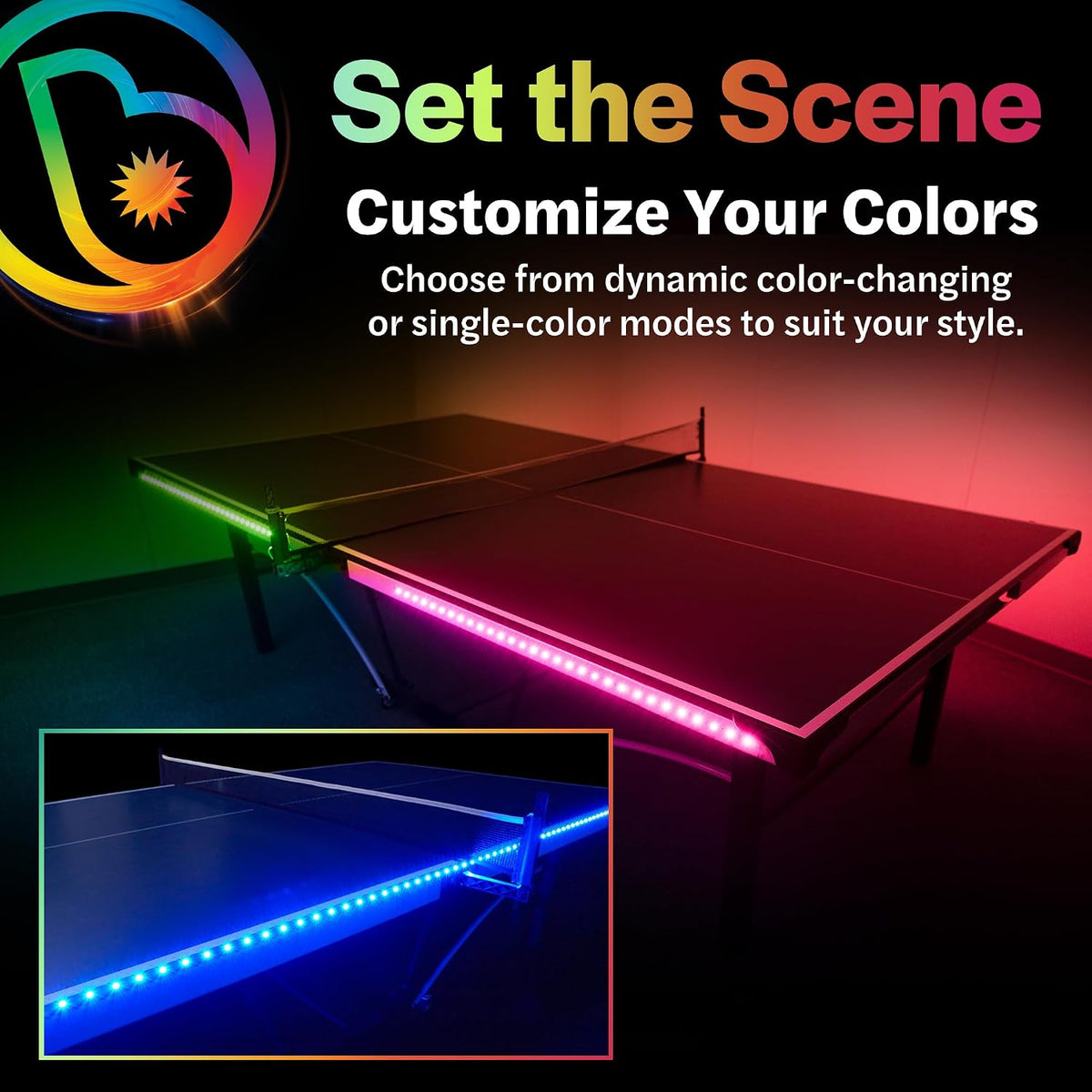 LED Ping Pong Table Light - Electrify Your Gameplay Experience! 12-Foot Light Strip for Ping Pong Tables - Color Changing or Solid Color Modes (Table Not Included)