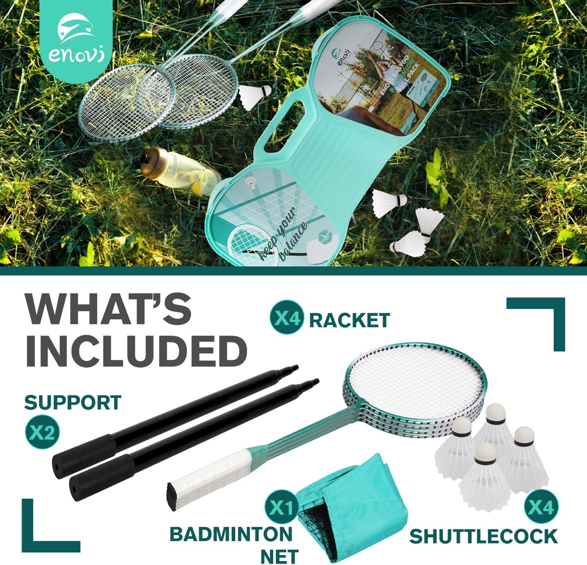 Easygo Badminton Set with Net, 4 Rackets, 4 Shuttlecocks, Portable Storage Box, for Backyards, Outdoor Games, Yard Games