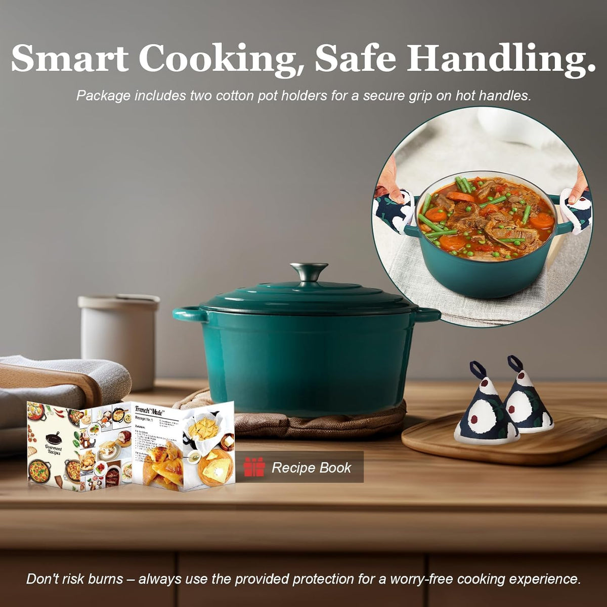 Enameled Cast Iron Dutch Oven - 5.5QT Pot with Lid Cookbook & Cotton Potholders - Heavy-Duty Cookware for Braising, Stews, Roasting, Sourdough Baking Bottle Green