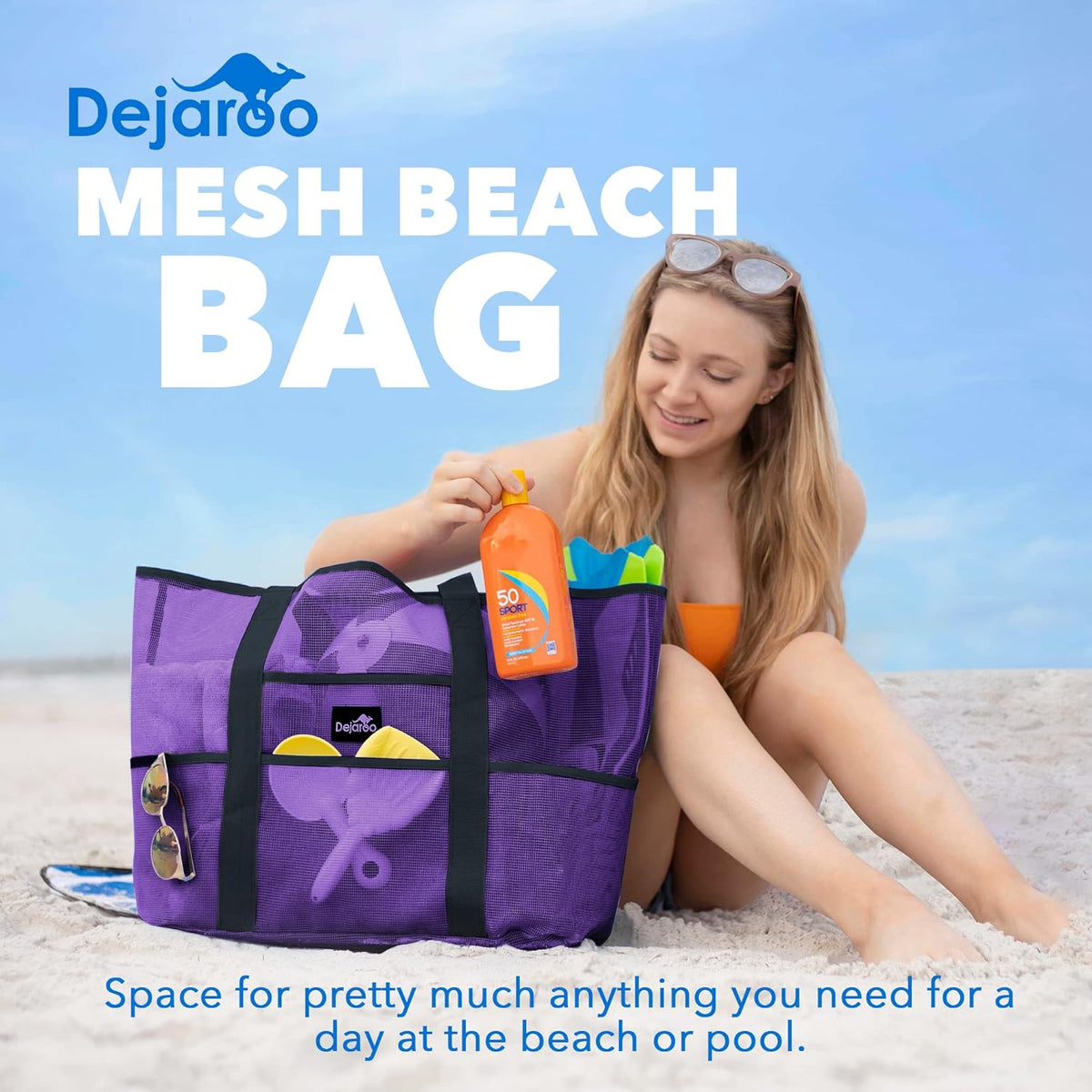 Mesh Beach Bag for Women, Large Sand Free Tote, 8 Pockets, Foldable 17X9X15 In, Pool Beach Vacation