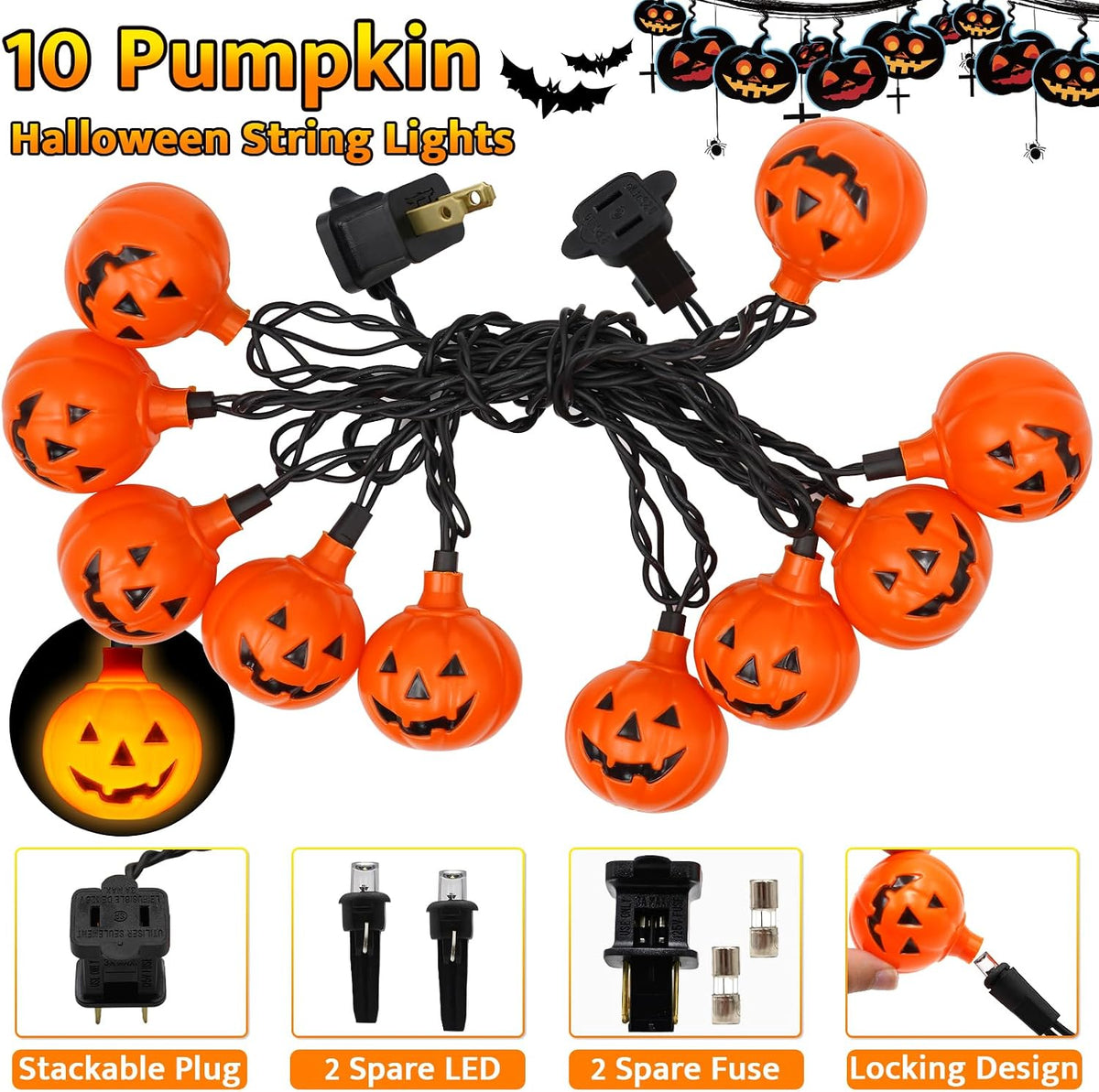 Halloween Pumpkin String Lights, 8.5 Ft LED with 10 Jack O Lantern Lights - Waterproof, Plug-In for Indoor Outdoor Party, Garden, Yard Decoration