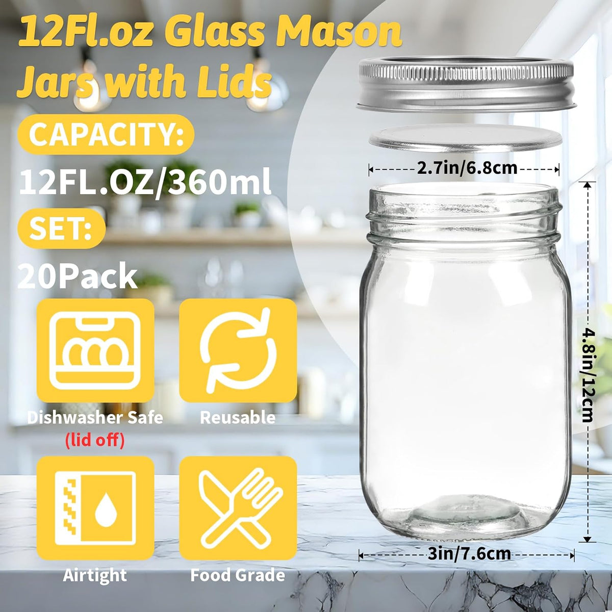 12 Oz Mason Jars with Regular Mouth Lids 20 Pack