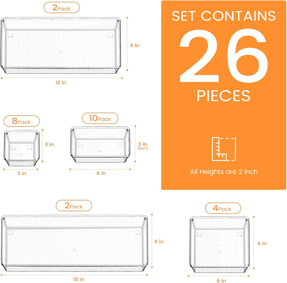 Drawer Organizer, 36 Pack Large Clear Plastic Drawer Organizers Set, 3 Size Versatile Bathroom and Vanity Drawer Organizer Trays, Storage Bins for Makeup, Bedroom, Kitchen Gadgets Utensils