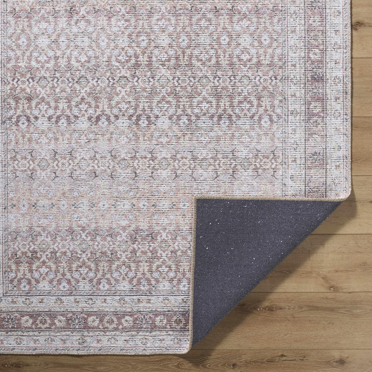 Tosca Machine Washable Runner Rug - Floral Border Distressed Geometric Faded - Traditional Oriental Turkish Transitional Oushak - Dark Red, Beige, Cream, Blush, Gray - 2'7" X 7'10"