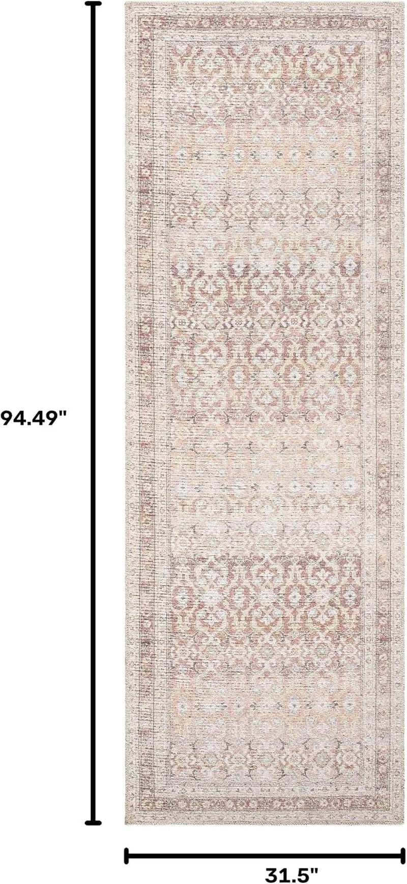 Tosca Machine Washable Runner Rug - Floral Border Distressed Geometric Faded - Traditional Oriental Turkish Transitional Oushak - Dark Red, Beige, Cream, Blush, Gray - 2'7" X 7'10"
