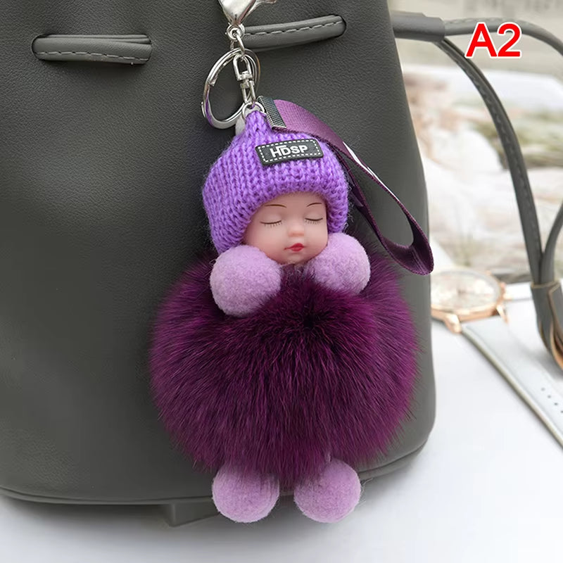 Pompom Sleeping Baby Keychain Cute Fluffy Plush Doll Keyholder Women Girl Bags Keyrings Cars Key Ring Gift Charming Decoration