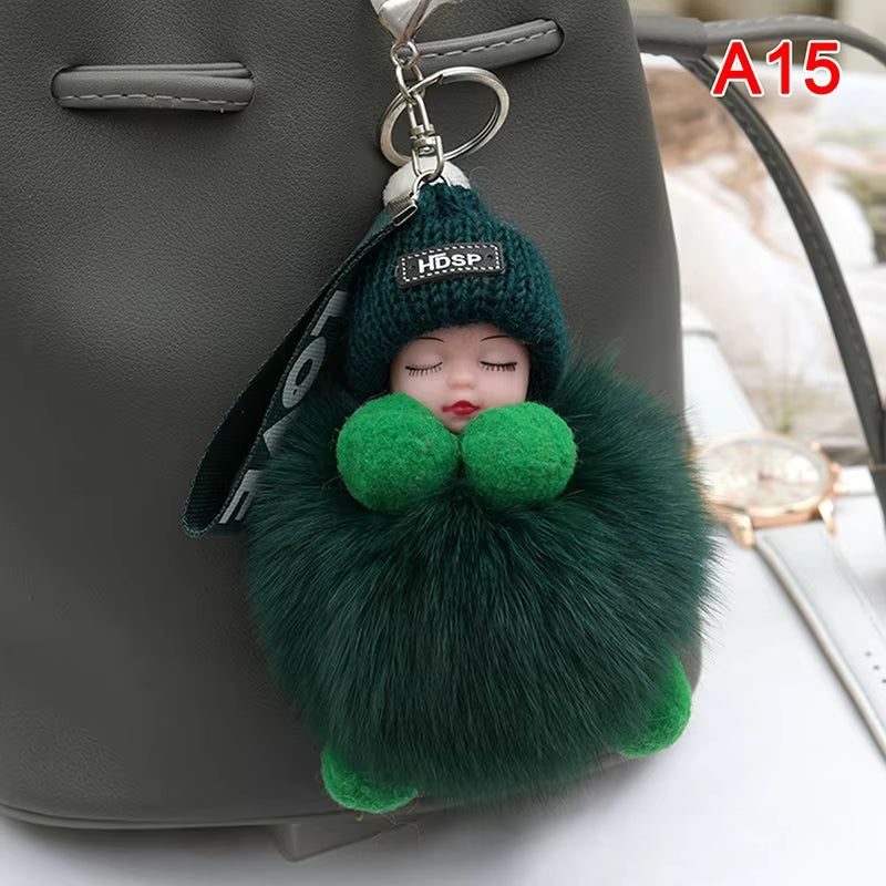 Pompom Sleeping Baby Keychain Cute Fluffy Plush Doll Keyholder Women Girl Bags Keyrings Cars Key Ring Gift Charming Decoration