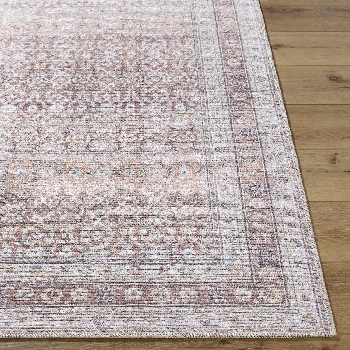 Tosca Machine Washable Runner Rug - Floral Border Distressed Geometric Faded - Traditional Oriental Turkish Transitional Oushak - Dark Red, Beige, Cream, Blush, Gray - 2'7" X 7'10"