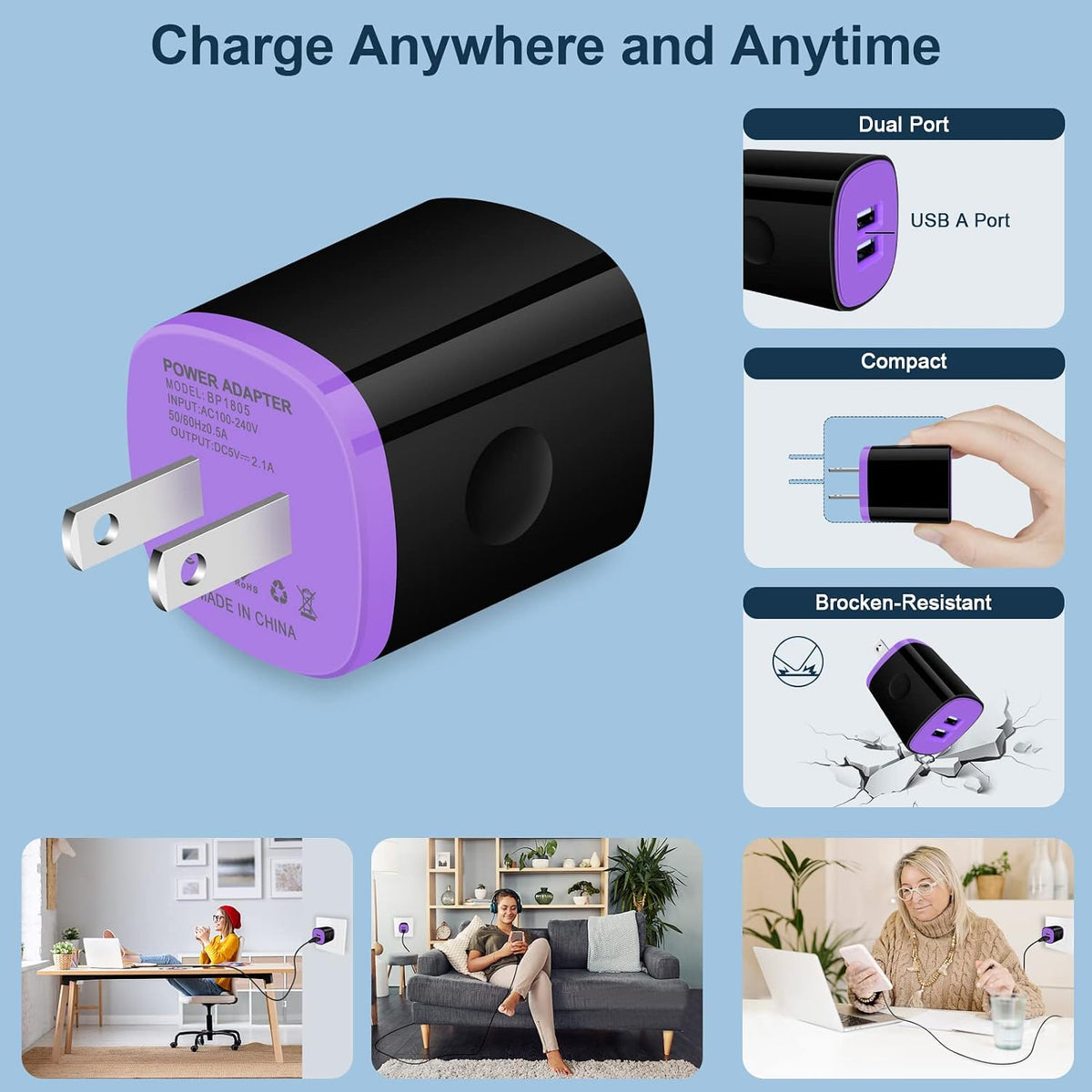 Iphone USB Wall Charger Adapter, Charger Brick,  5Pack 2.1A Dual Port