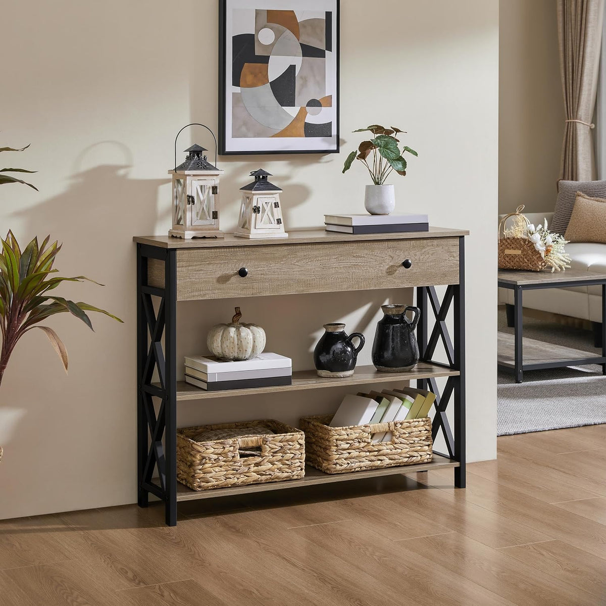 Yaheetech Console Table with Drawer, Entry Table with 3 Tier Storage, Gray