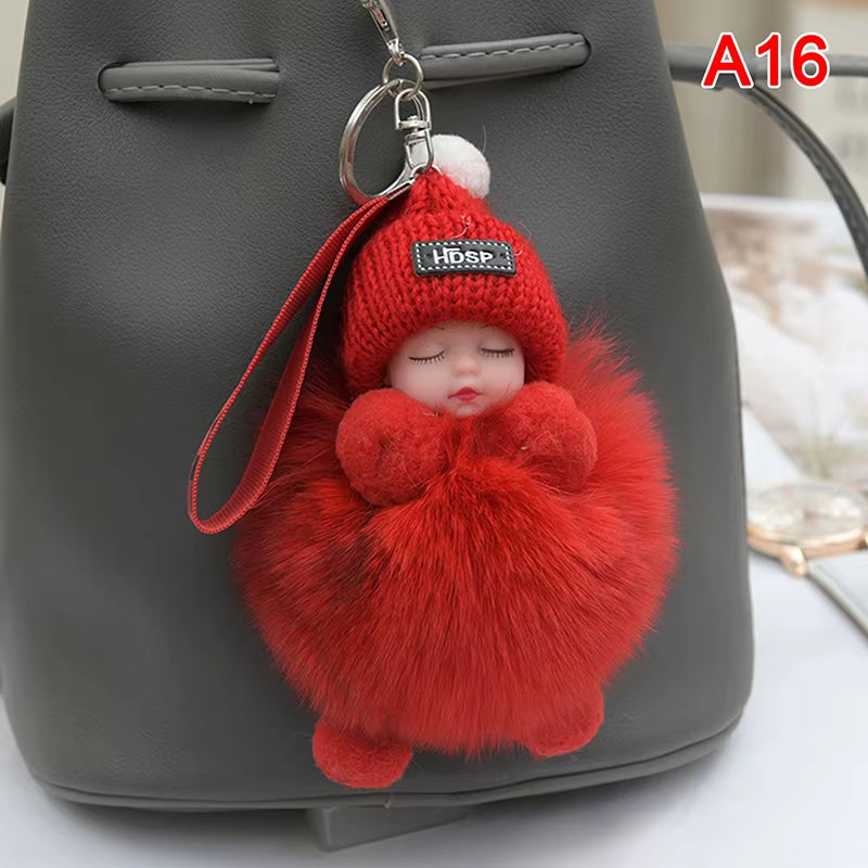 Pompom Sleeping Baby Keychain Cute Fluffy Plush Doll Keyholder Women Girl Bags Keyrings Cars Key Ring Gift Charming Decoration
