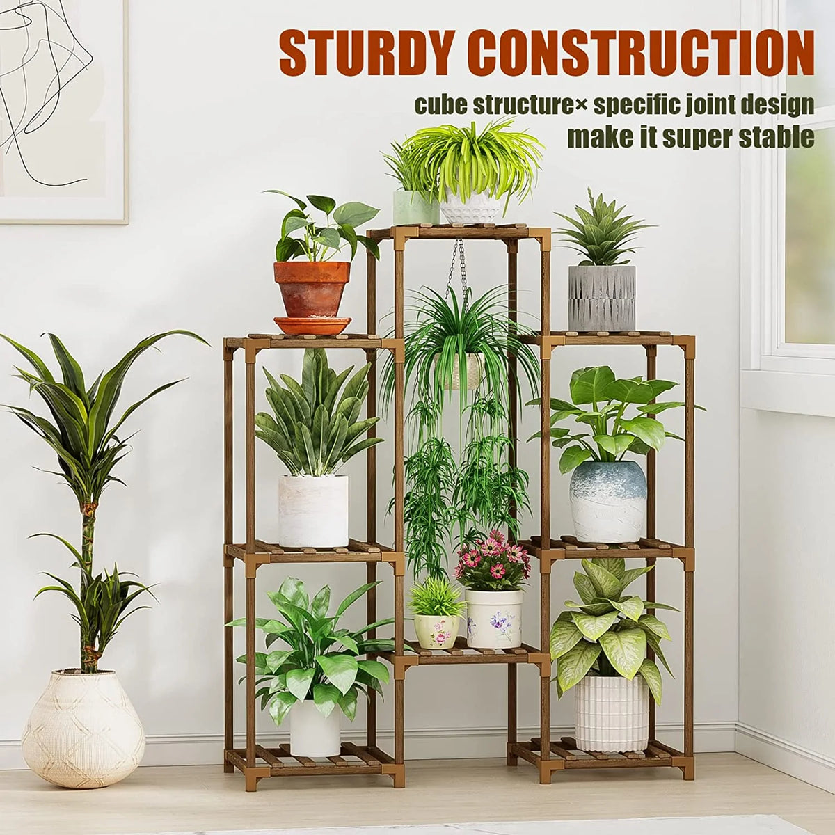 Bamworld Wood Plant Stand 8 Pots Tiered Plant Shelf Indoor Outdoor Ladder Plant Rack with Hanging Design for Living Room Patio Balcony Garden
