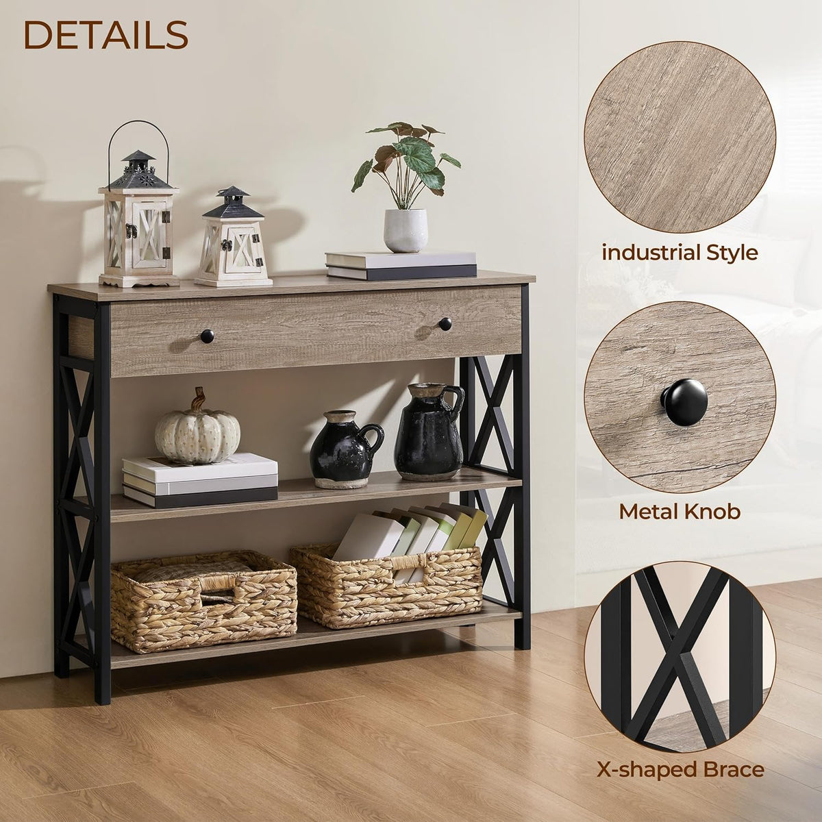 Yaheetech Console Table with Drawer, Entry Table with 3 Tier Storage, Gray