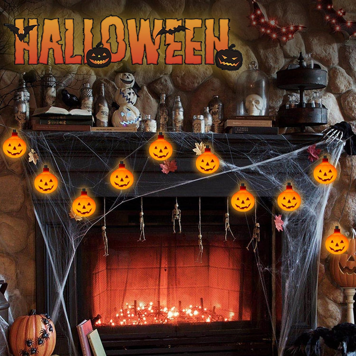 Halloween Pumpkin String Lights, 8.5 Ft LED with 10 Jack O Lantern Lights - Waterproof, Plug-In for Indoor Outdoor Party, Garden, Yard Decoration