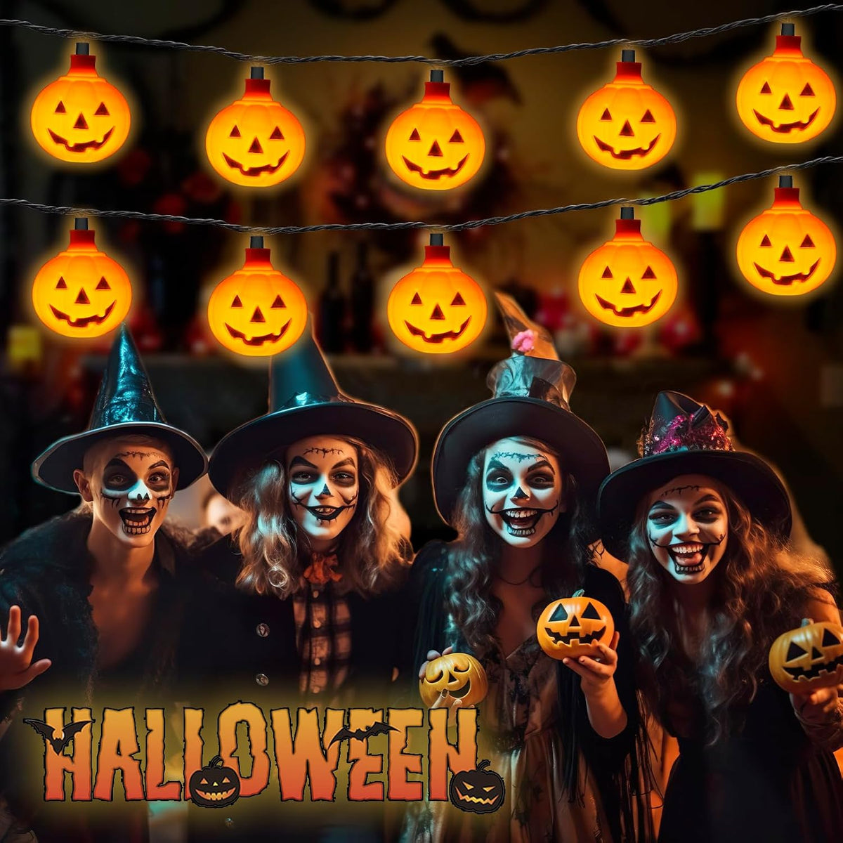 Halloween Pumpkin String Lights, 8.5 Ft LED with 10 Jack O Lantern Lights - Waterproof, Plug-In for Indoor Outdoor Party, Garden, Yard Decoration