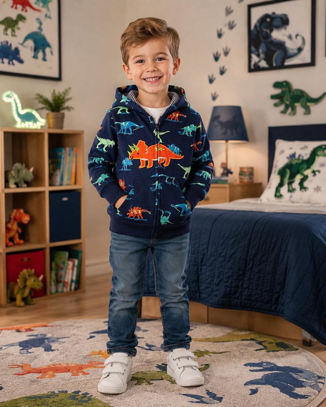 Boys Toddler Cartoon Dinosaur Hoodies Jacket Cool Long Sleeve Zipper Hooded Sport Sweatshirt Coat for Kids 1-7 Years