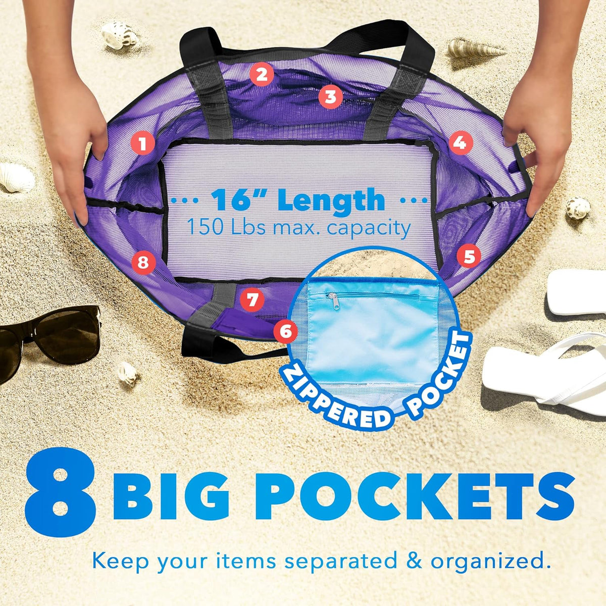Mesh Beach Bag for Women, Large Sand Free Tote, 8 Pockets, Foldable 17X9X15 In, Pool Beach Vacation
