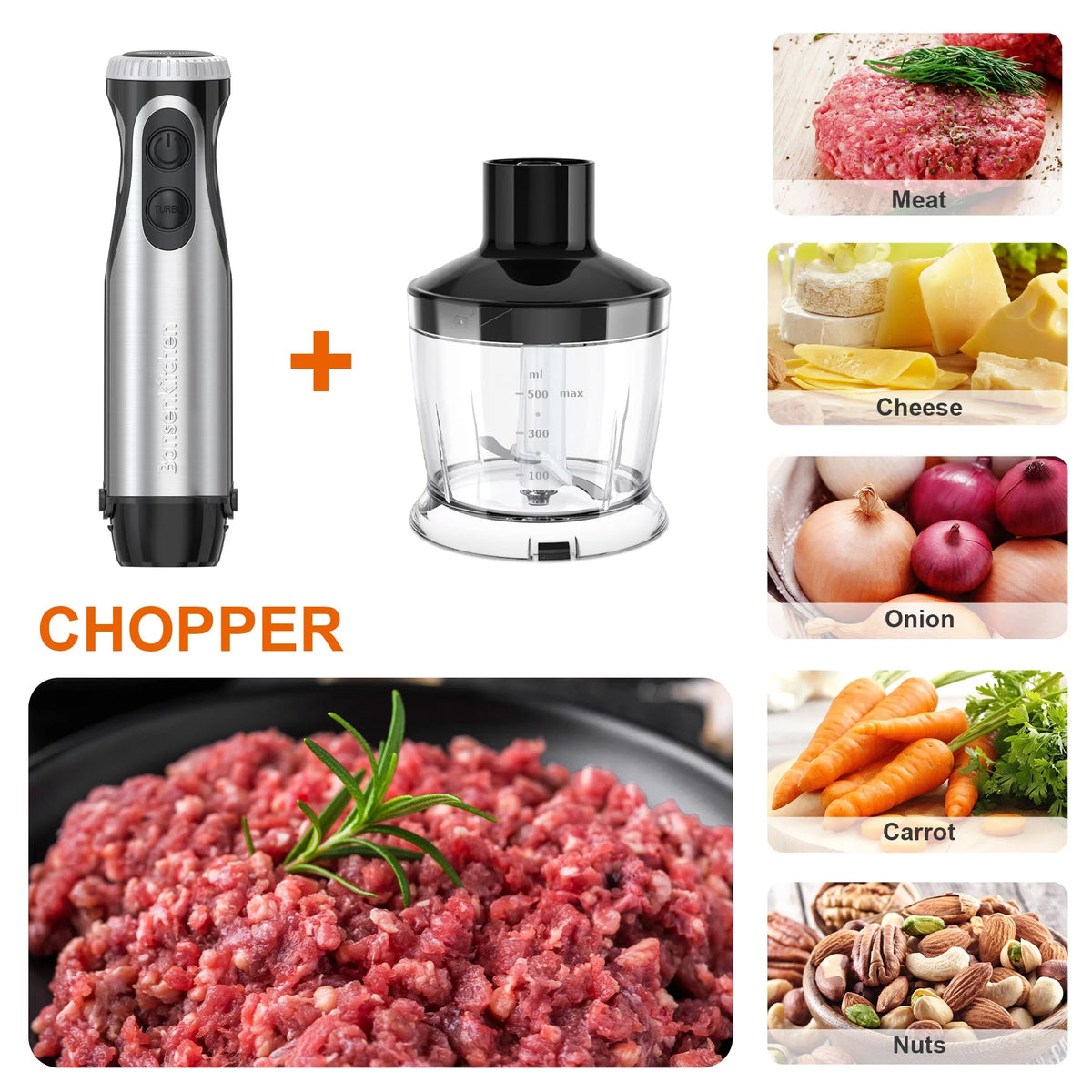 Immersion Hand Blender, Stainless Steel, 20-Speed, Handheld Mixer for Soup, Smoothies, Purees, Emulsifies